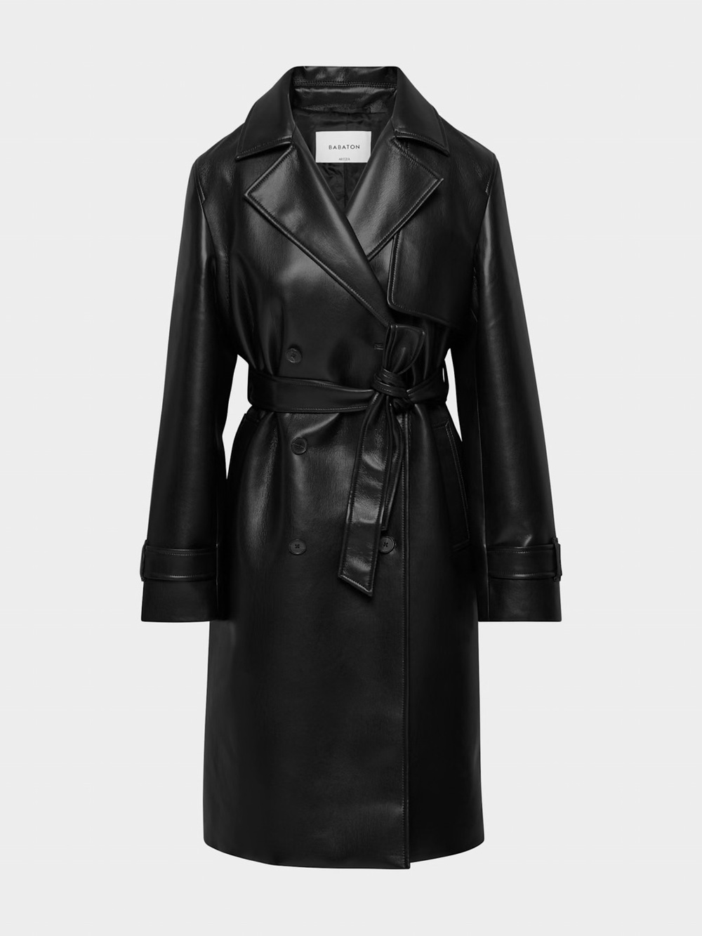 Babaton Black Faux Leather Trench with Waist Tie